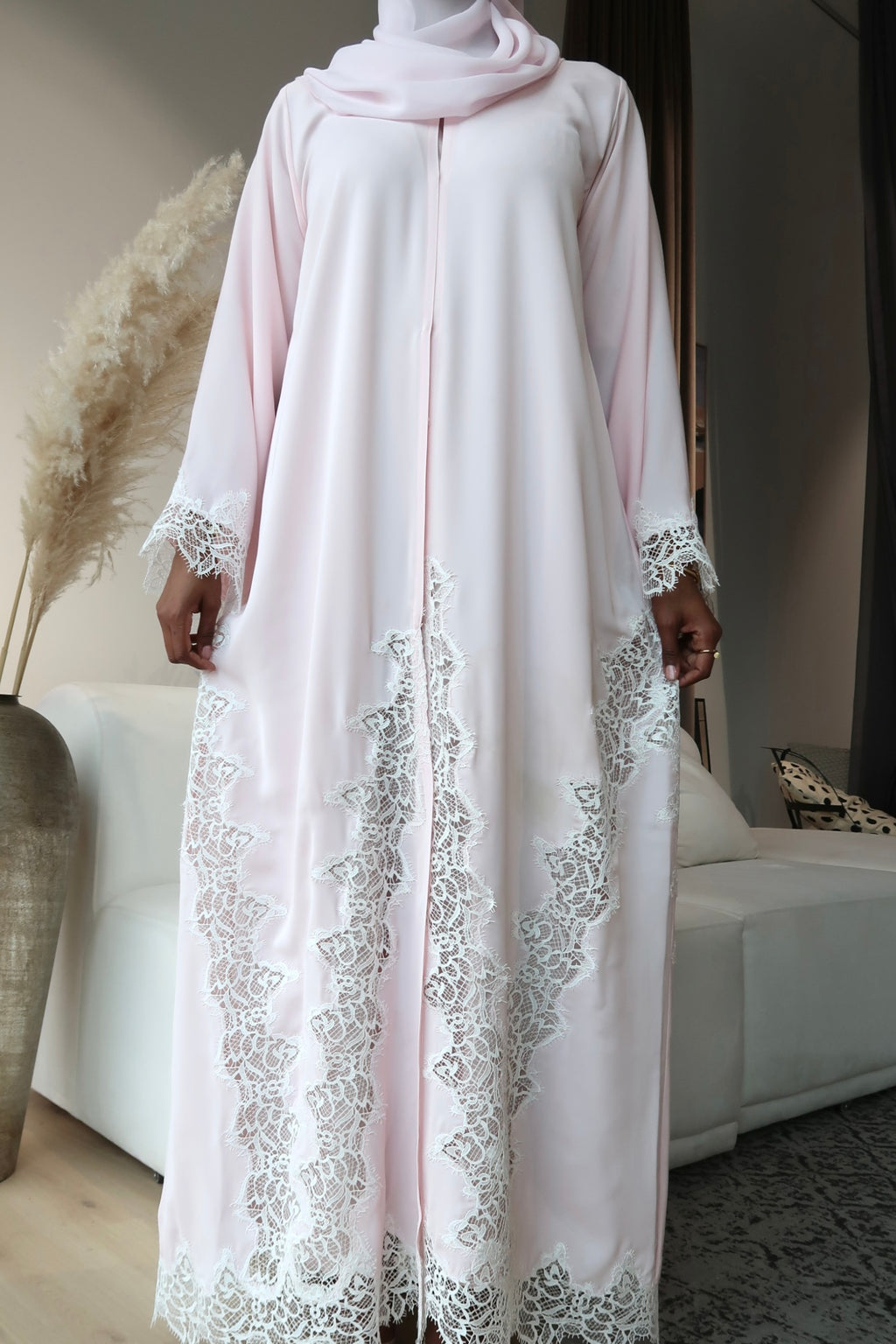 PINK ABAYA WITH WHITE LACE