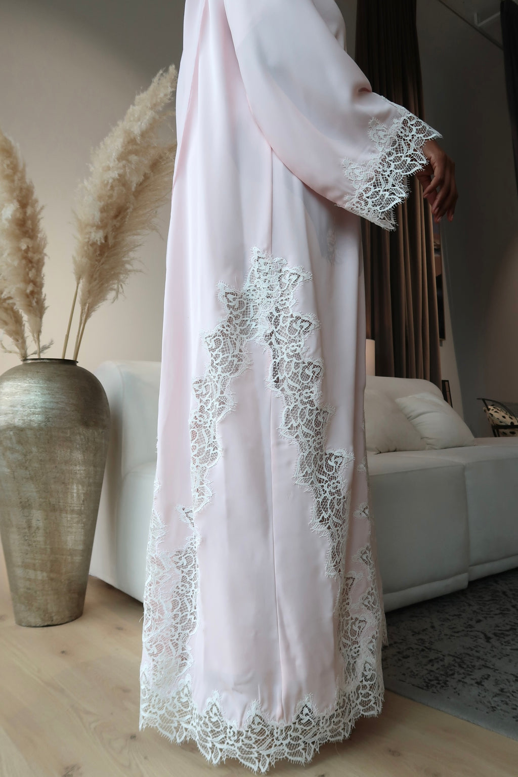 PINK ABAYA WITH WHITE LACE