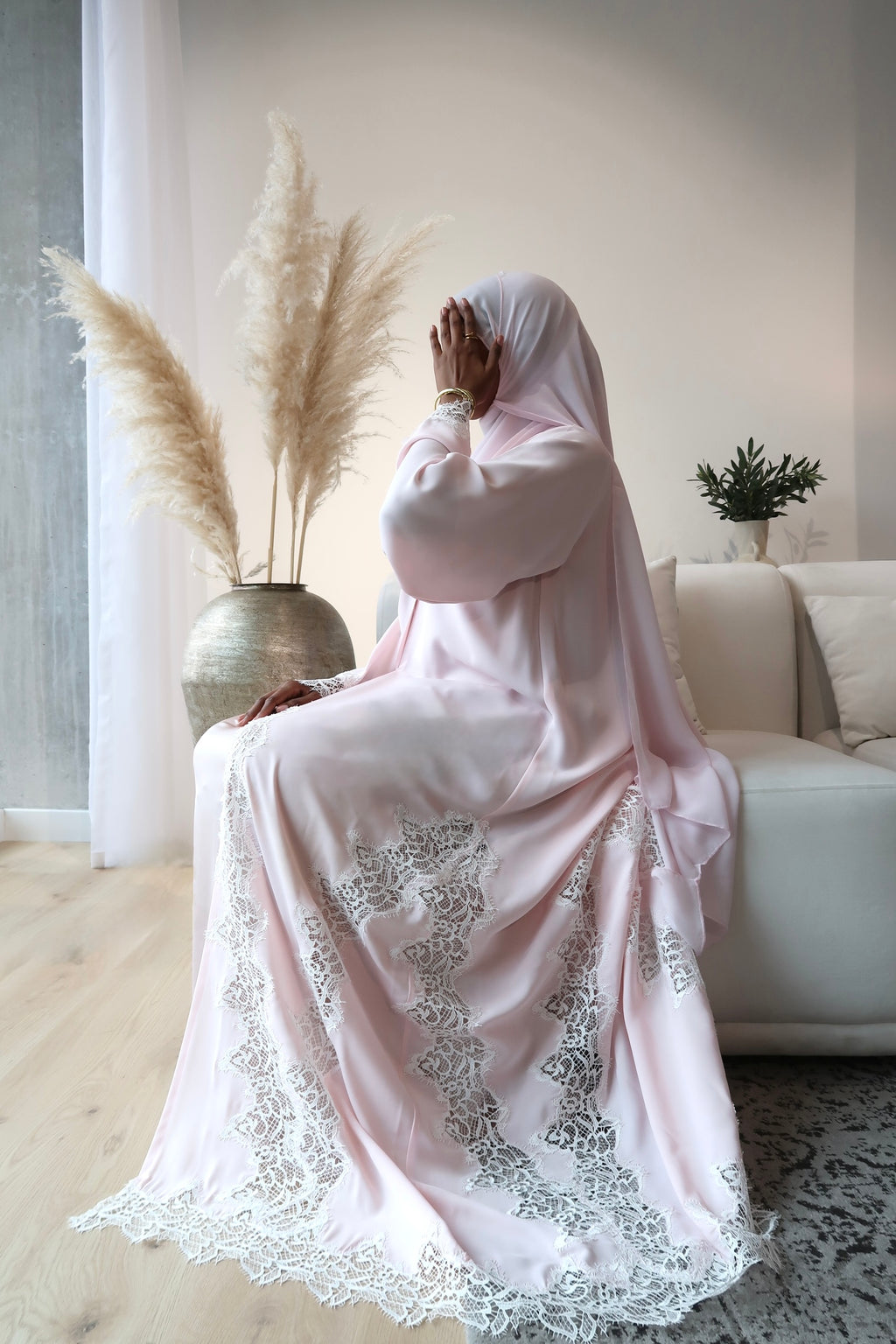 PINK ABAYA WITH WHITE LACE