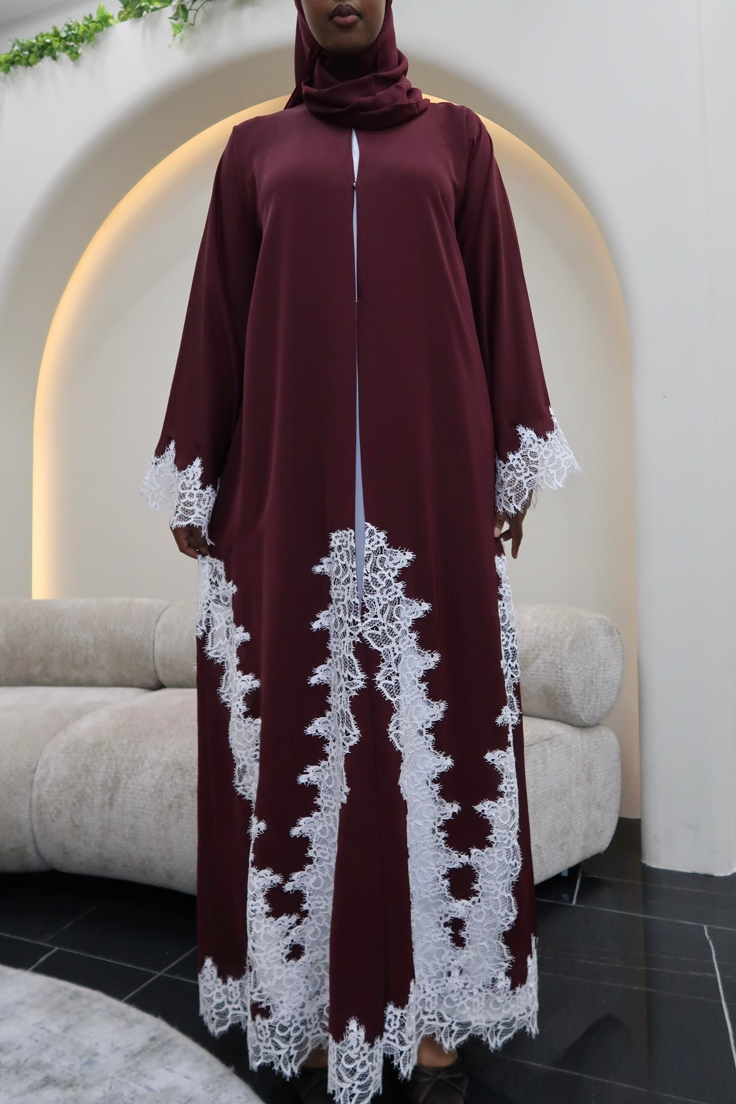 MULBERRY ABAYA WITH WHITE LACE