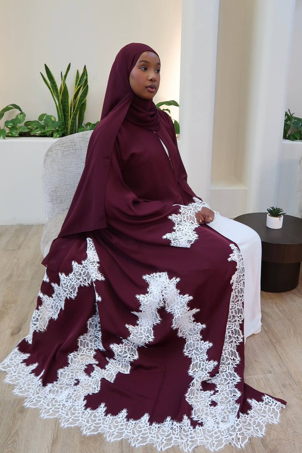 MULBERRY ABAYA WITH WHITE LACE