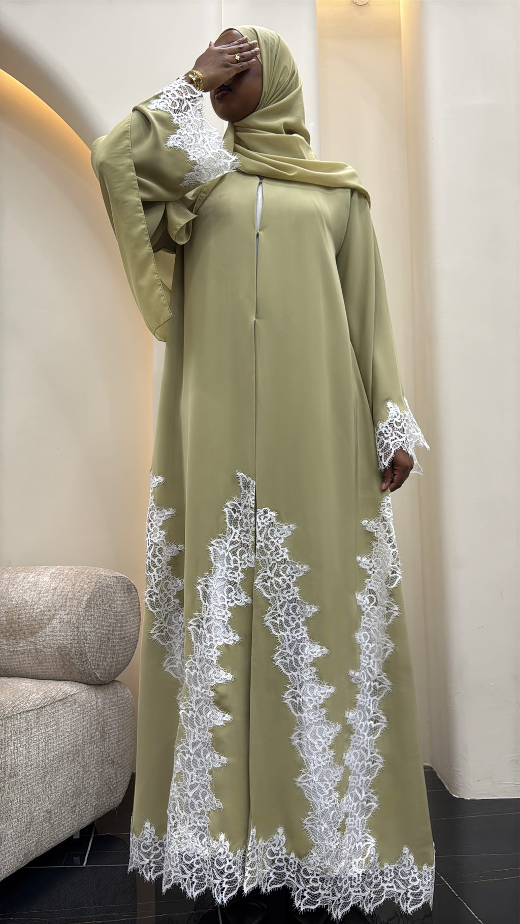 SAGE ABAYA WITH WHITE LACE (PRE-ORDER)