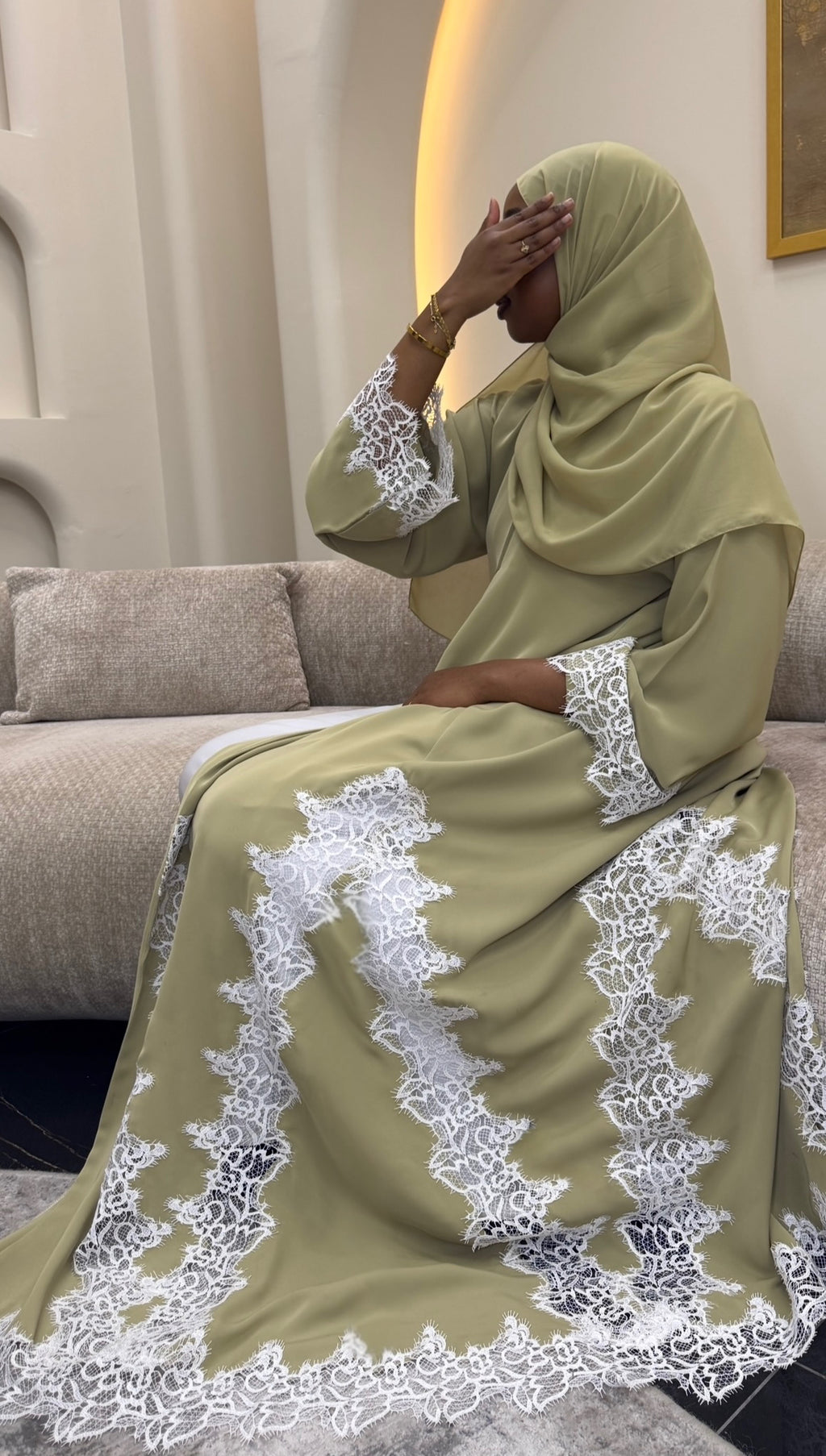 SAGE ABAYA WITH WHITE LACE (PRE-ORDER)
