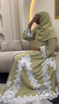 SAGE ABAYA WITH WHITE LACE (PRE-ORDER)